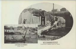 天津天然氷貯蔵運搬中の光景　　　　　　　　　天津河畔に於ける漁夫の抄網